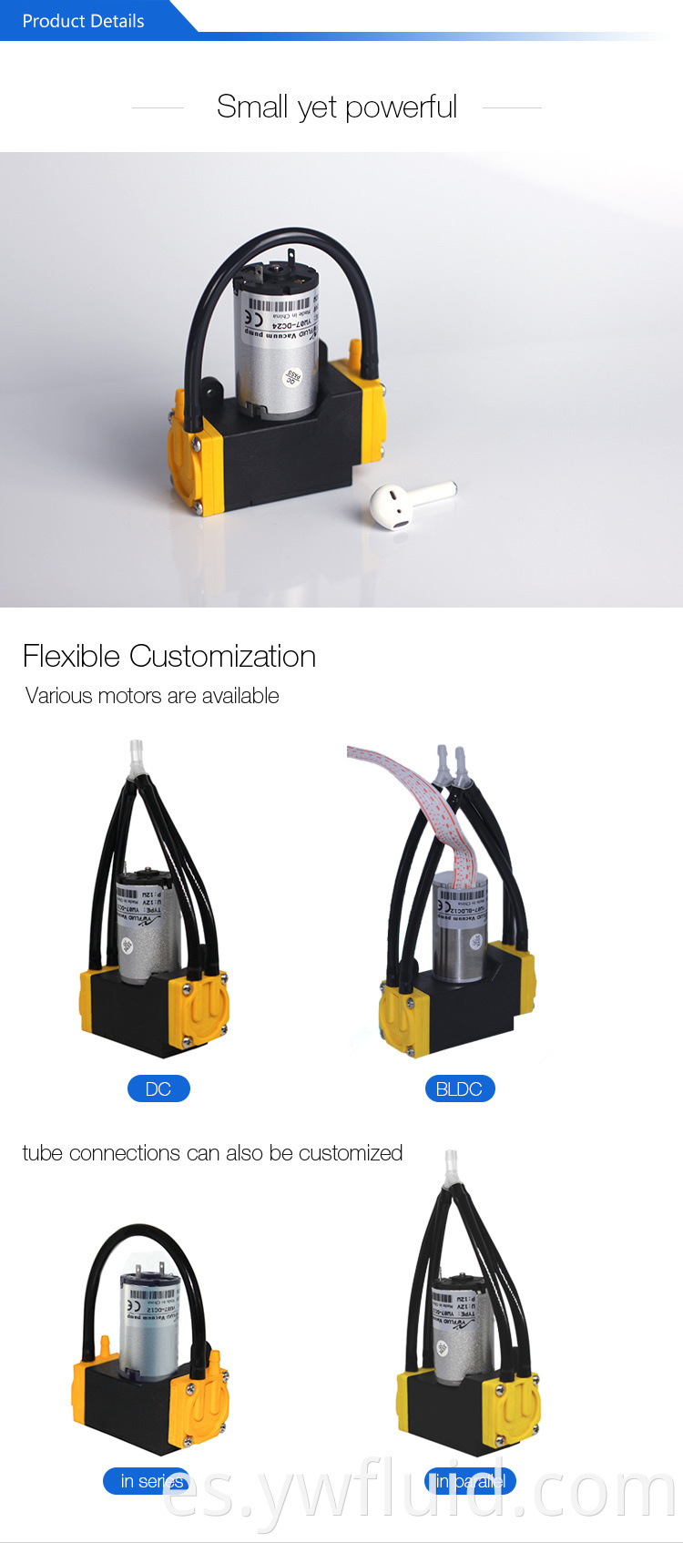 YWfluid 12V 24V Micro bomba de vacío de alto rendimiento con flujo máximo 10 L / min utilizada para succión de transmisión de gas YW07-DC